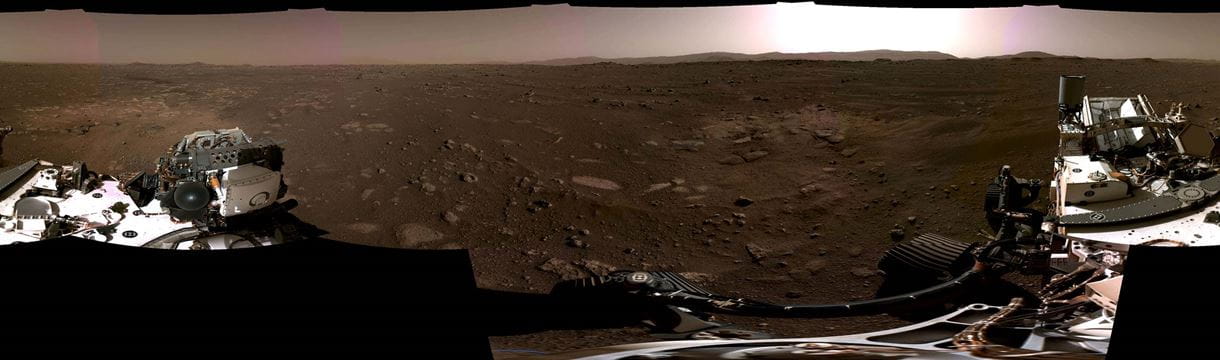 Panorama image taken by the NavCams, stitched together from six individual images after they were sent back to Earth.